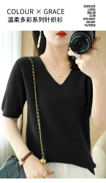 Spring/Summer 2025 Ladies Sweater Pullover Solid Color V-neck Half-sleeved Knitted Cashmere Sweater Thin Casual Top
