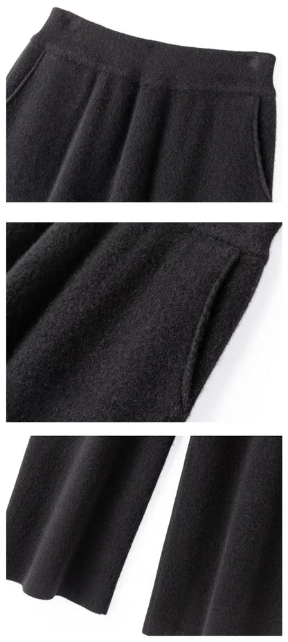 Elegant Pure High Waist Drooping Wide-Leg Pants Women's Outer Wear with Pockets Baggy Straight Trousers Knitted Mop Trousers