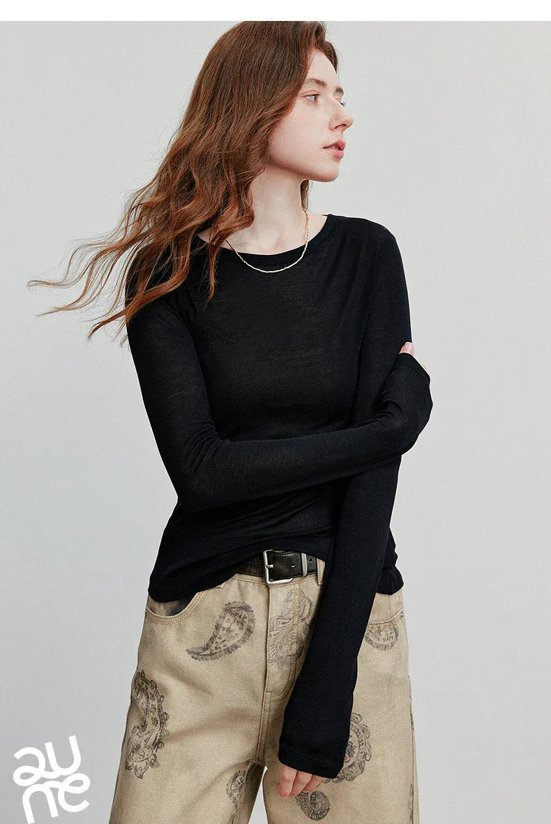 TOYOUTH Women T-shirt  2025 Autumn New Slanted Hem Lyocell Wool Slim Fit Long Sleeve Base Tops