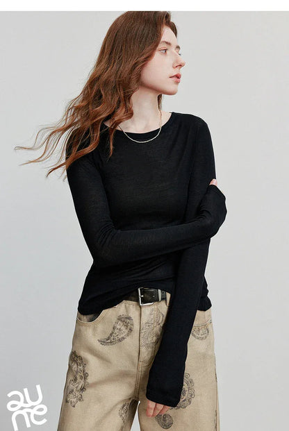 TOYOUTH Women T-shirt  2025 Autumn New Slanted Hem Lyocell Wool Slim Fit Long Sleeve Base Tops