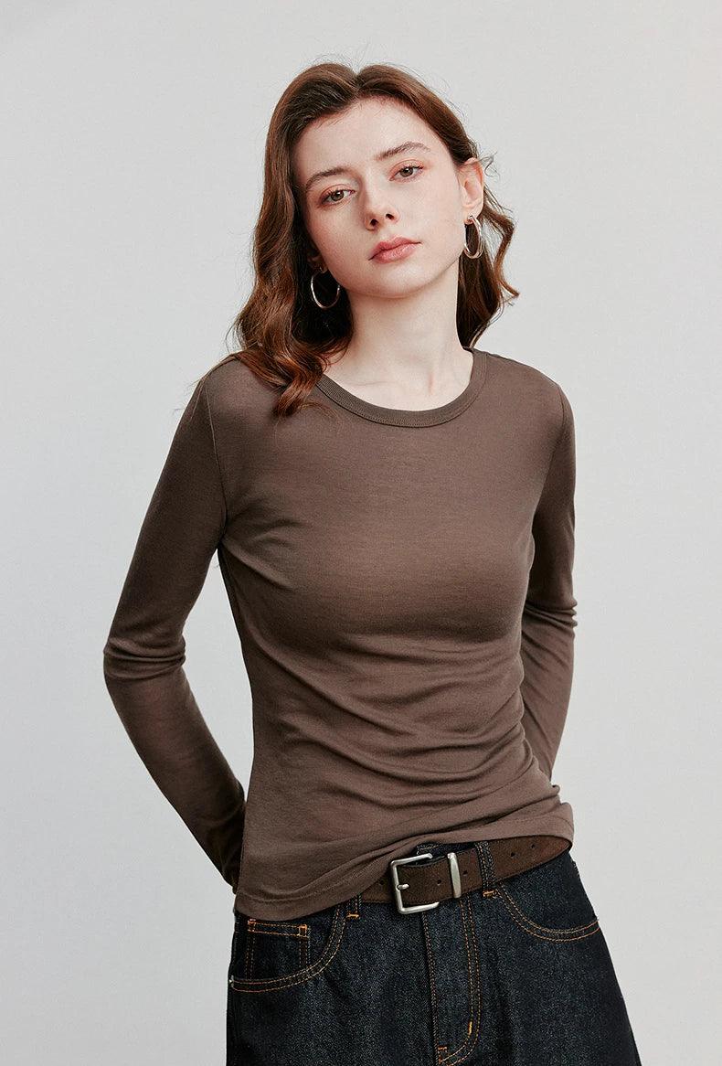 TOYOUTH Women T-shirt  2025 Autumn New Slanted Hem Lyocell Wool Slim Fit Long Sleeve Base Tops