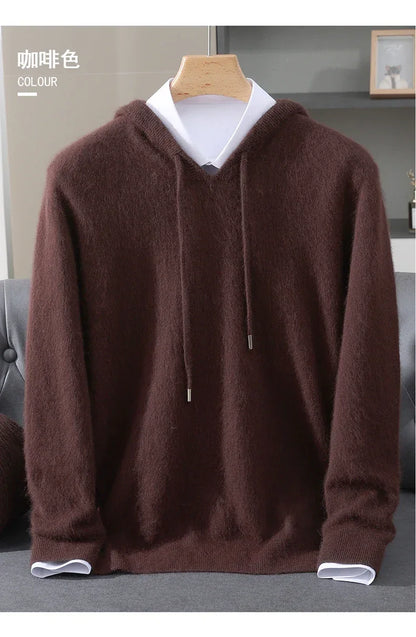 Men's Clothing: 100% Pure Mink Cashmere Knitted Sweater Casual And Loose Large-Sized Hooded Pullover Autumn Winter New Products