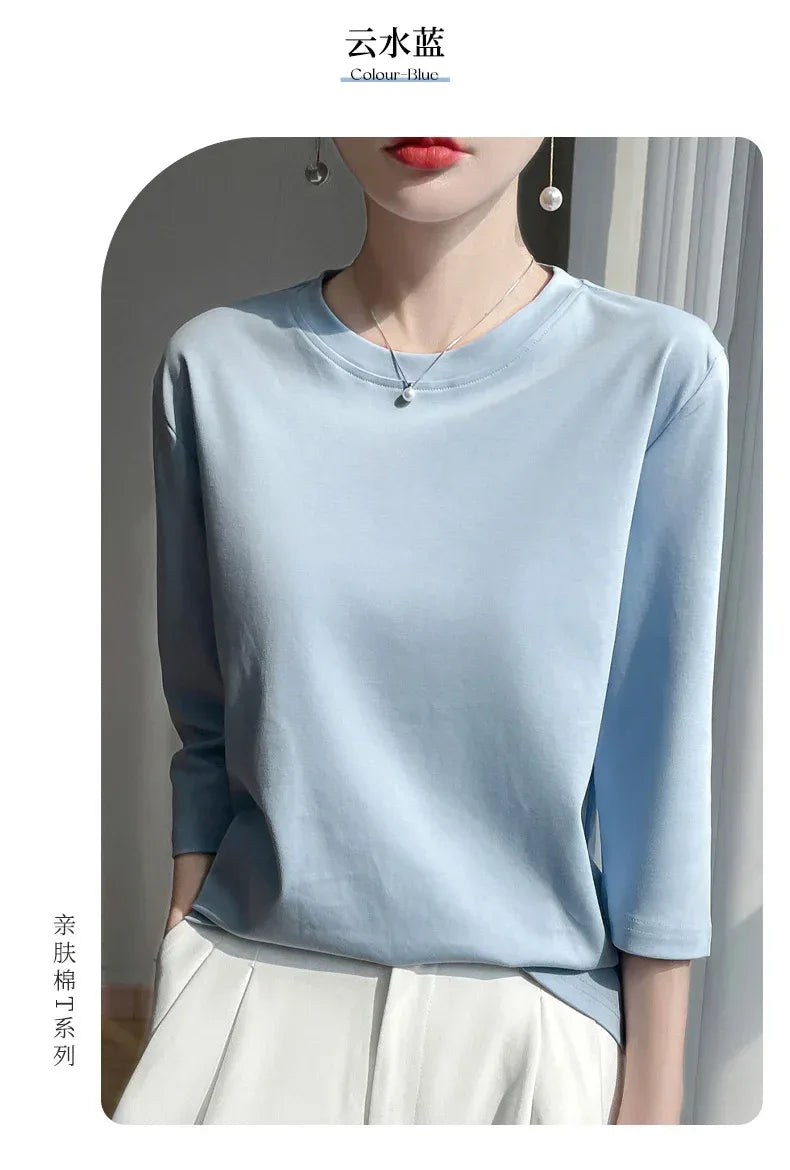 Mercerized Cotton Cropped Sleeve Female Spring And Summer 2023 New Round Neck Loose 100% Cotton Short Sleeve Bottoming T-Shirt