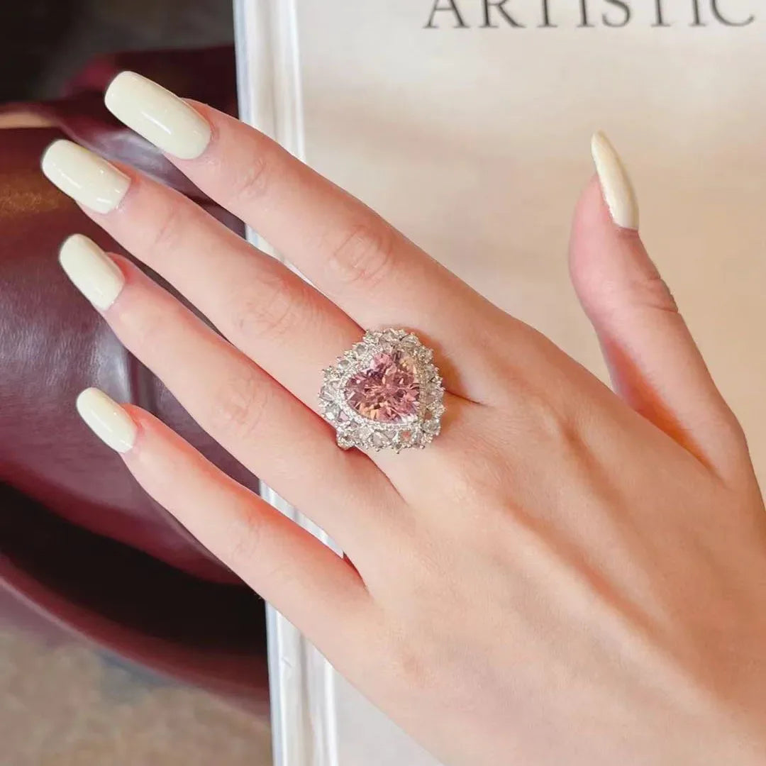 Romantic and creative Full Diamond Pink Gem Heart shaped rings for women Trendy silver 925 Sparkling Ring Engagement Jewelry