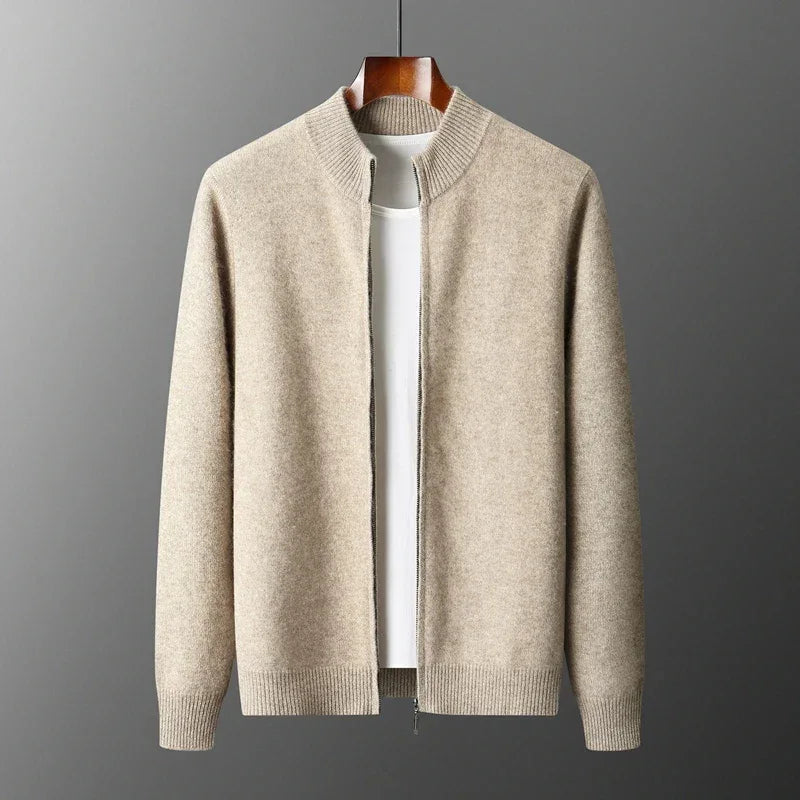 100% Merino Wool Men's Warm Sweater Mock Collar Thickened Zippered Cardigan Autumn Winter New Cashmere Knitted Long Sleeve Tops