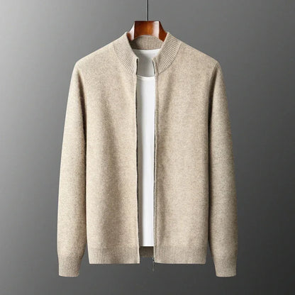 100% Merino Wool Men's Warm Sweater Mock Collar Thickened Zippered Cardigan Autumn Winter New Cashmere Knitted Long Sleeve Tops