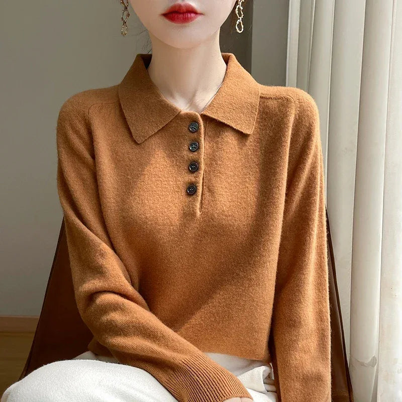 Polo Neck Pullover 100% Merino Wool Women's Solid Color Knit Top Fashion Korean Sweater Autumn and Winter Women's Clothes