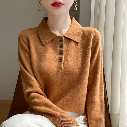 Polo Neck Pullover 100% Merino Wool Women's Solid Color Knit Top Fashion Korean Sweater Autumn and Winter Women's Clothes