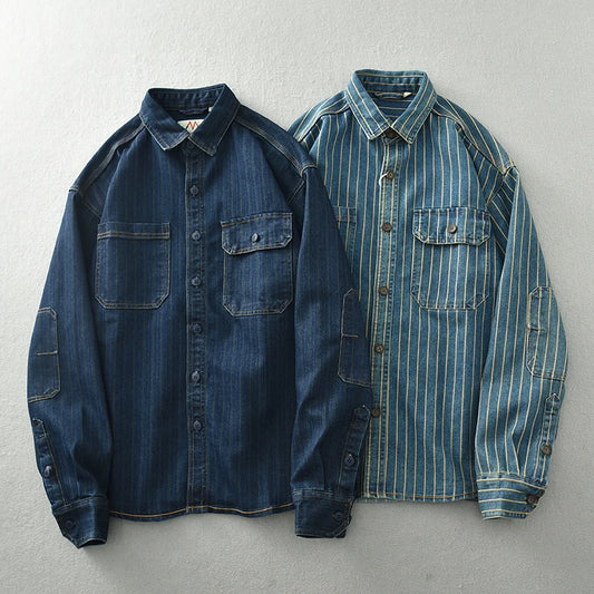 Retro Japanese Sle Men's Denim irt Cotton Long Sve Waed Striped Workwear Loose Fit Outerwear Faion Urban Youth