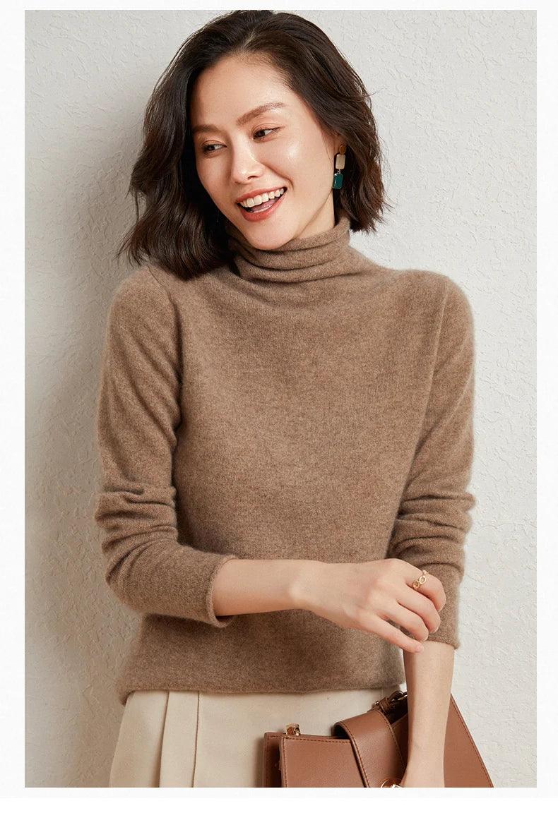 100%Merino Pure Wool Sweater Women's AutumnWinter Long Sleeve High Neck Pullover Warm High Quality Solid Color Basic Knit Jumper
