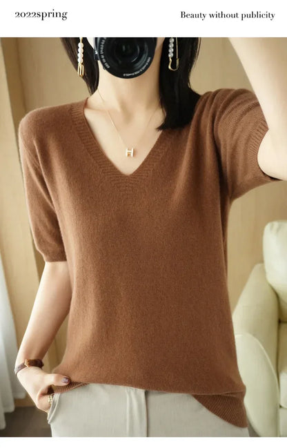 Spring/Summer 2025 Ladies Sweater Pullover Solid Color V-neck Half-sleeved Knitted Cashmere Sweater Thin Casual Top