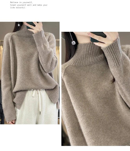 Women's High-Necked Cashmere Sweater 100% Soft Wool Thickened Lazy Raglan Sweater with Slit for Autumn Winter Comfortable Waxy W