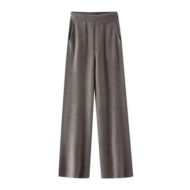 Elegant Pure High Waist Drooping Wide-Leg Pants Women's Outer Wear with Pockets Baggy Straight Trousers Knitted Mop Trousers