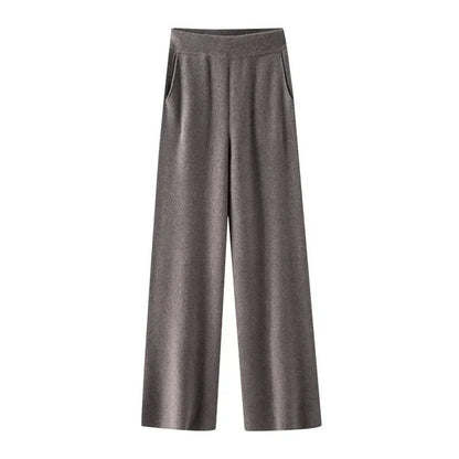 Elegant Pure High Waist Drooping Wide-Leg Pants Women's Outer Wear with Pockets Baggy Straight Trousers Knitted Mop Trousers