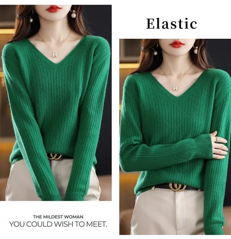 Chic Casual Autumn Winter Basic Sweater Pullovers Women V-neck Solid Knit Loose Pullover Female Long Sleeve Warm Khaki Sweater
