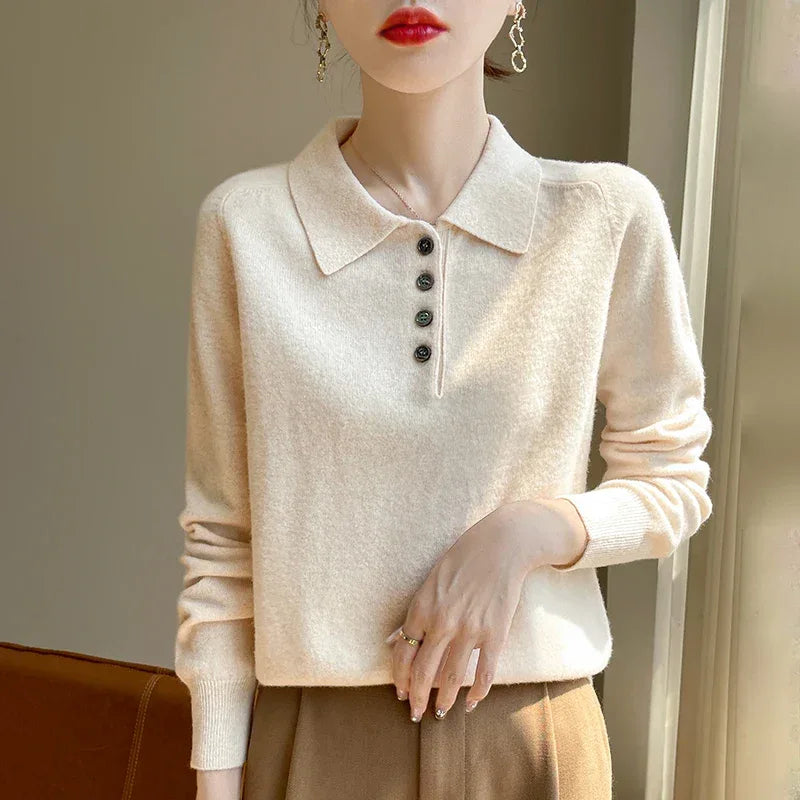 Polo Neck Pullover 100% Merino Wool Women's Solid Color Knit Top Fashion Korean Sweater Autumn and Winter Women's Clothes