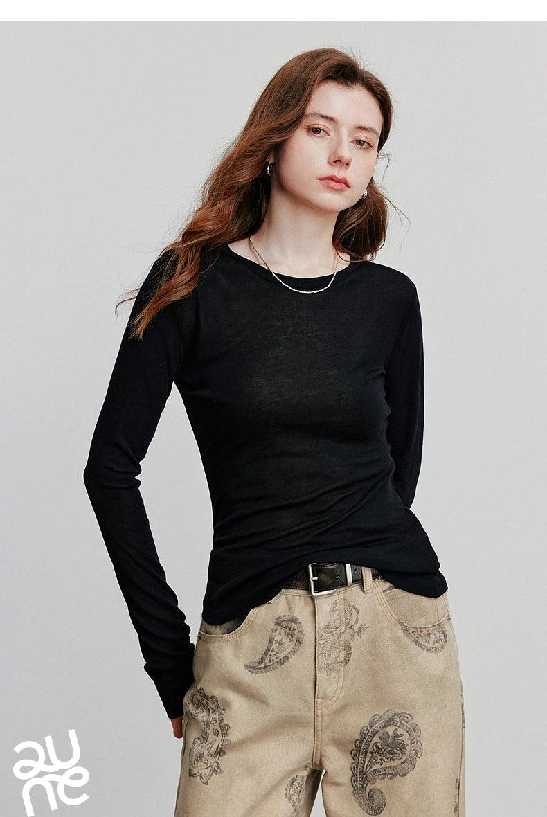 TOYOUTH Women T-shirt  2025 Autumn New Slanted Hem Lyocell Wool Slim Fit Long Sleeve Base Tops