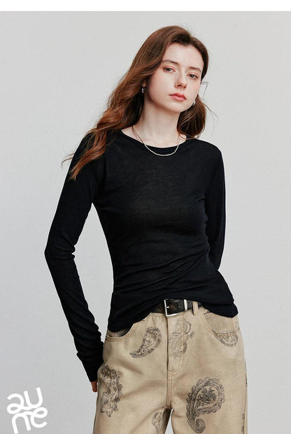 TOYOUTH Women T-shirt  2025 Autumn New Slanted Hem Lyocell Wool Slim Fit Long Sleeve Base Tops