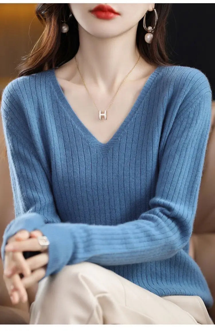 Chic Casual Autumn Winter Basic Sweater Pullovers Women V-neck Solid Knit Loose Pullover Female Long Sleeve Warm Khaki Sweater