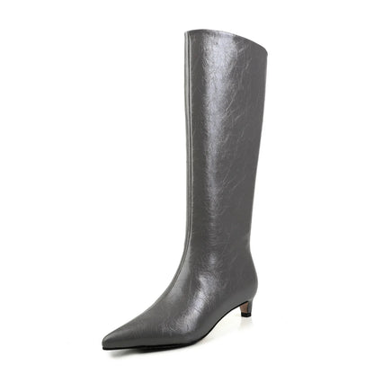 QUTAA News Fashion Winter Women Knee High Boots Pointed Toe Woman Shoes Low Kitten Heels Cow Leather Long Boots Dress Size 34-43