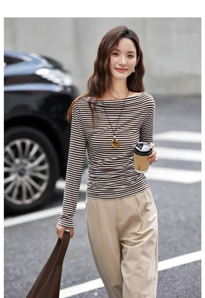 VIMLY Tops Woman 2025 Autumn French Slash Neck Long Sleeve Ladies T-shirts Casual Knitted Slim Fit Strecth Female Tees A3039