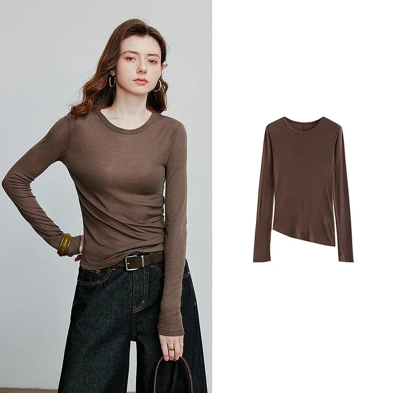 TOYOUTH Women T-shirt  2025 Autumn New Slanted Hem Lyocell Wool Slim Fit Long Sleeve Base Tops