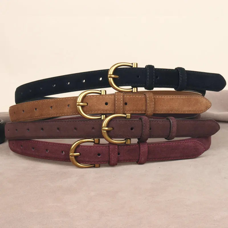 Genuine Leather Suede Women Belt Fashion Skinny Waistband Retro Gold Buckle Brown Belts for Jeans Pants