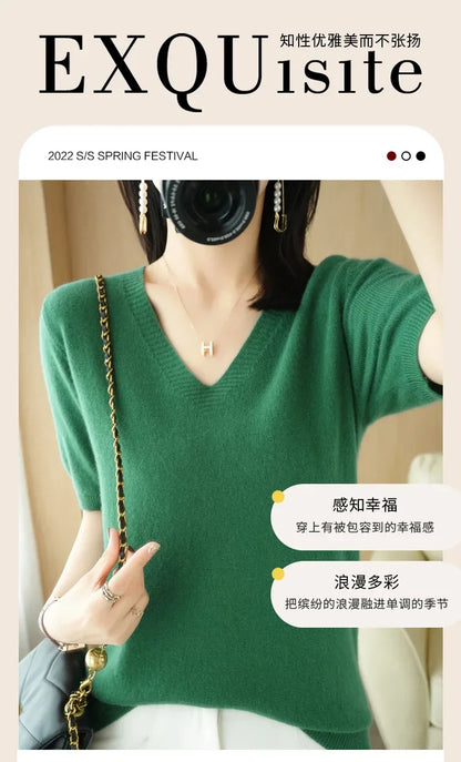 Spring/Summer 2025 Ladies Sweater Pullover Solid Color V-neck Half-sleeved Knitted Cashmere Sweater Thin Casual Top