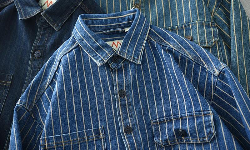 Retro Japanese Sle Men's Denim irt Cotton Long Sve Waed Striped Workwear Loose Fit Outerwear Faion Urban Youth
