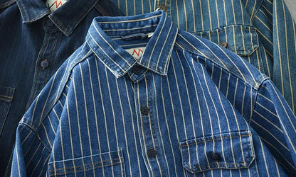 Retro Japanese Sle Men's Denim irt Cotton Long Sve Waed Striped Workwear Loose Fit Outerwear Faion Urban Youth