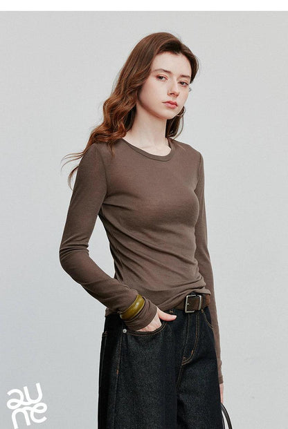 TOYOUTH Women T-shirt  2025 Autumn New Slanted Hem Lyocell Wool Slim Fit Long Sleeve Base Tops