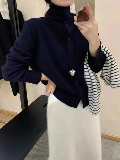 French-style high-neck 100 pure cashmere knitted cardigan for women's autumn and winter loose sweater with wool base coat