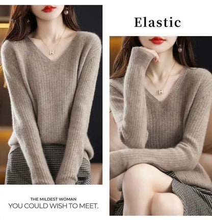 Chic Casual Autumn Winter Basic Sweater Pullovers Women V-neck Solid Knit Loose Pullover Female Long Sleeve Warm Khaki Sweater