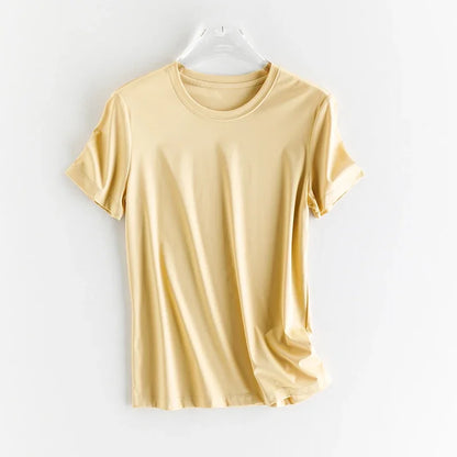 High-end New 10% Silk & Mercerized Cotton Women T-shirt Luxury Tee Short Sleeve Silky Feeling Summer Wear 2025 Tops V / O-neck