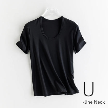 High-end New 10% Silk & Mercerized Cotton Women T-shirt Luxury Tee Short Sleeve Silky Feeling Summer Wear 2025 Tops V / O-neck