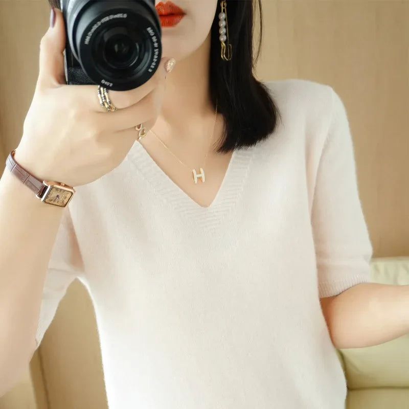 Spring/Summer 2025 Ladies Sweater Pullover Solid Color V-neck Half-sleeved Knitted Cashmere Sweater Thin Casual Top