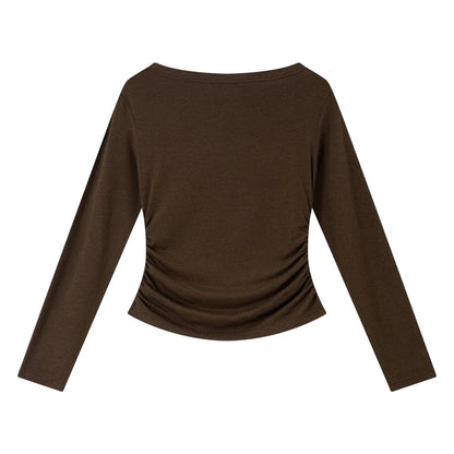 VIMLY Tops Woman 2025 Autumn French Slash Neck Long Sleeve Ladies T-shirts Casual Knitted Slim Fit Strecth Female Tees A3039