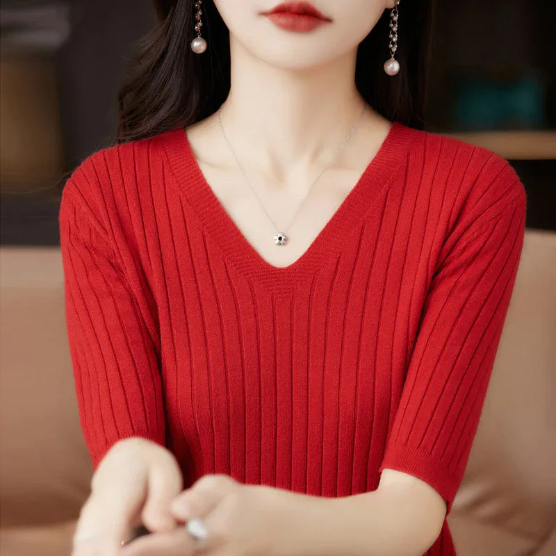 Women's Sweater Spring Summer Short Sleeve V-neck Knit Shirt Casual Korean Pullovers Stripe Bottoming Shirt Slim Fit Jumpers