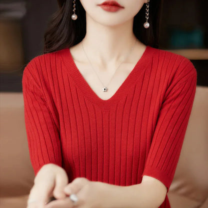 Women's Sweater Spring Summer Short Sleeve V-neck Knit Shirt Casual Korean Pullovers Stripe Bottoming Shirt Slim Fit Jumpers