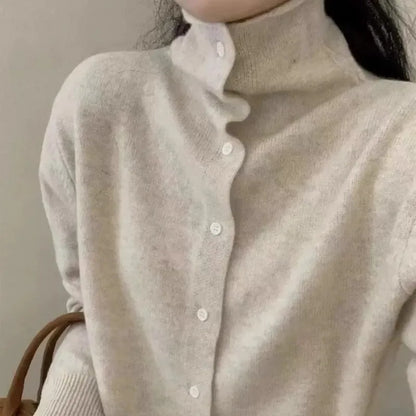 French-style high-neck 100 pure cashmere knitted cardigan for women's autumn and winter loose sweater with wool base coat