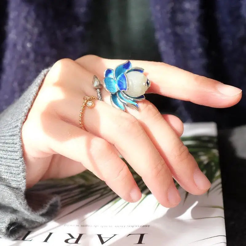 Natural Hetian  jade Enamel Porcelain Lotus Canopy Open Ring Chinese Retro Designer Style original Design Silver jewelry