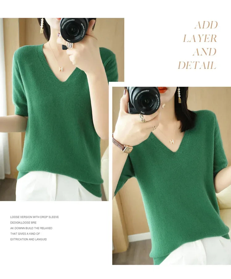 Spring/Summer 2025 Ladies Sweater Pullover Solid Color V-neck Half-sleeved Knitted Cashmere Sweater Thin Casual Top