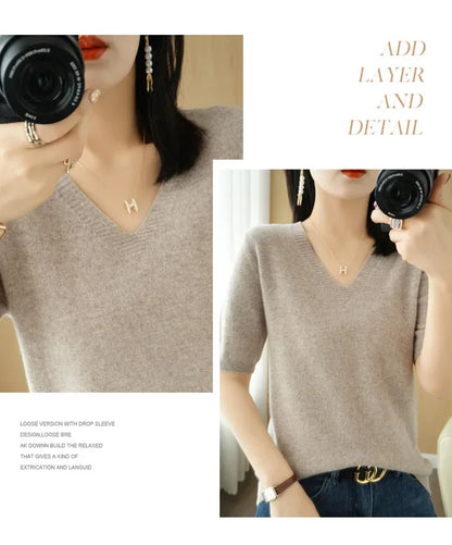Spring/Summer 2025 Ladies Sweater Pullover Solid Color V-neck Half-sleeved Knitted Cashmere Sweater Thin Casual Top