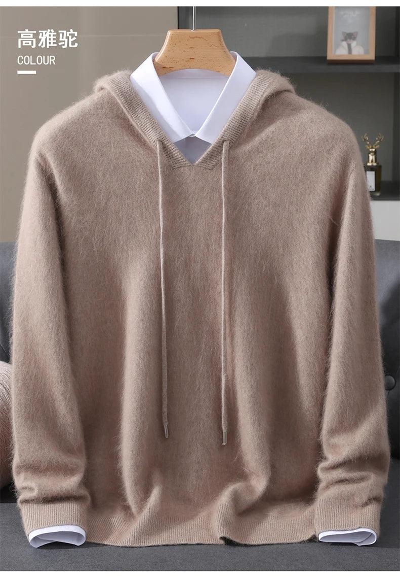 Men's Clothing: 100% Pure Mink Cashmere Knitted Sweater Casual And Loose Large-Sized Hooded Pullover Autumn Winter New Products