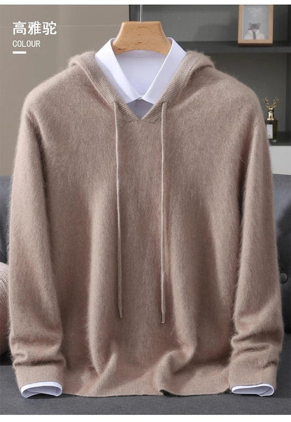 Men's Clothing: 100% Pure Mink Cashmere Knitted Sweater Casual And Loose Large-Sized Hooded Pullover Autumn Winter New Products