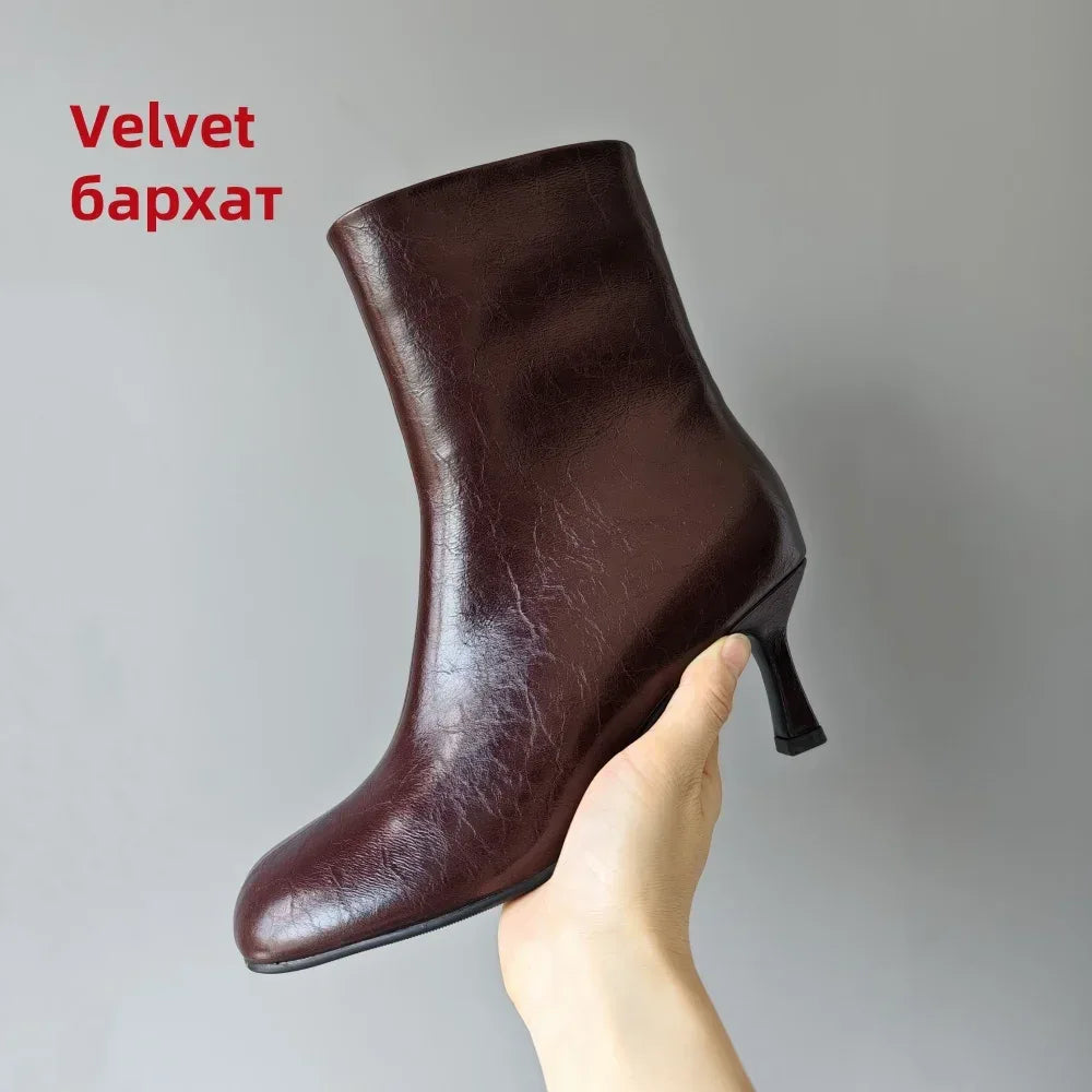 FEDONAS Fashion Women Genuine Leather Thin High Heels Warm Autumn Winter Ankle Boots Round Toe Short Elegant Short Boots Shoes