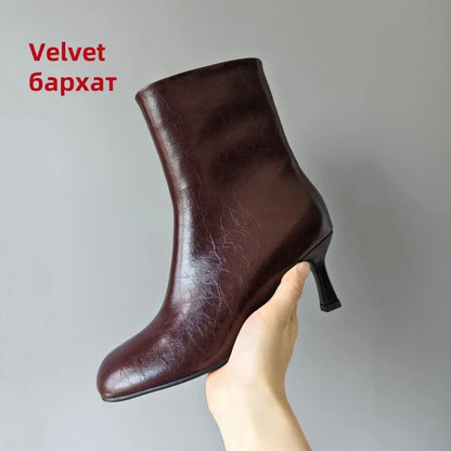 FEDONAS Fashion Women Genuine Leather Thin High Heels Warm Autumn Winter Ankle Boots Round Toe Short Elegant Short Boots Shoes
