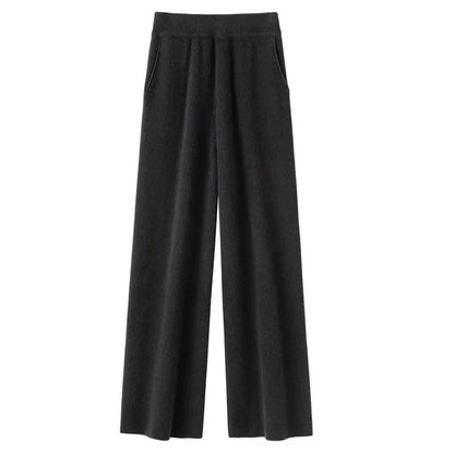 Elegant Pure High Waist Drooping Wide-Leg Pants Women's Outer Wear with Pockets Baggy Straight Trousers Knitted Mop Trousers