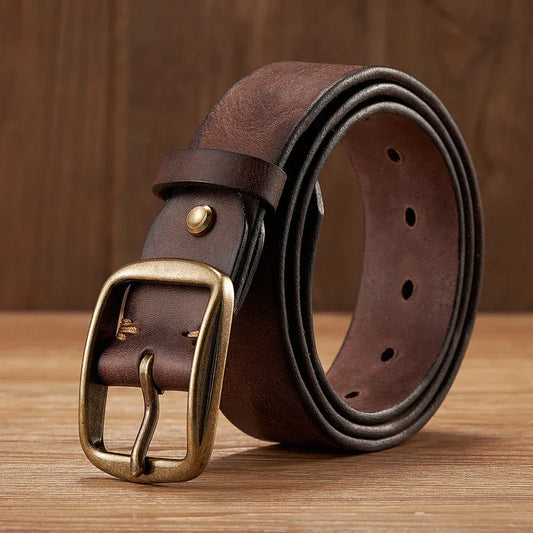 Thick Cowhide Copper Pin Buckle Real Genuine Leather Belt For Jeans Fashion Casual Belt Men Waistband Retro Luxury Male Strap