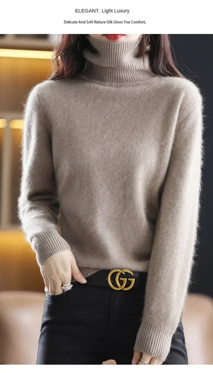 New Women's Clothing For Autumn/Winter 2024 100% Mink Plush Turtleneck Pullover Sweater Ladies Cashmere Sweater Dbr-018